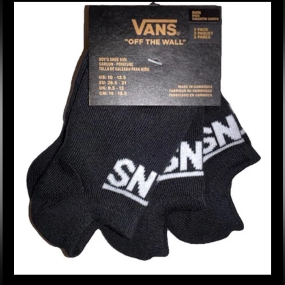 Vans Off The Wall No Show Kick Socks 3 Pair Boys 10-13.5 Black w White LogoSkate